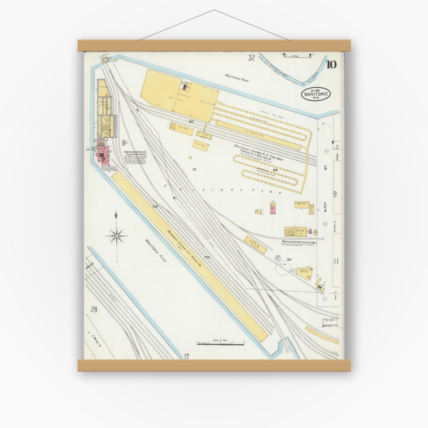 Old map wall art mockup — magnetic wood frame on white wall — Sanborn Fire Insurance Map from Manitowoc, Manitowoc County, Wisconsin (1906), Sheet #0010