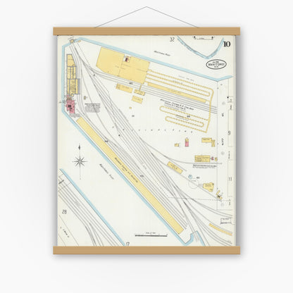 Old map wall art mockup — magnetic wood frame on white wall — Sanborn Fire Insurance Map from Manitowoc, Manitowoc County, Wisconsin (1906), Sheet #0010