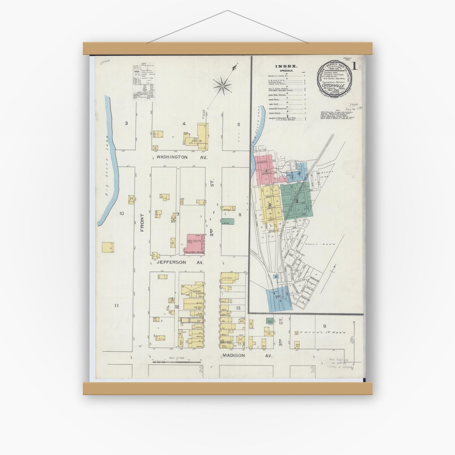 Old map wall art mockup — magnetic wood frame on white wall — Sanborn Fire Insurance Map from Ortonville, Big Stone County, Minnesota (1893) - Complete Map Set