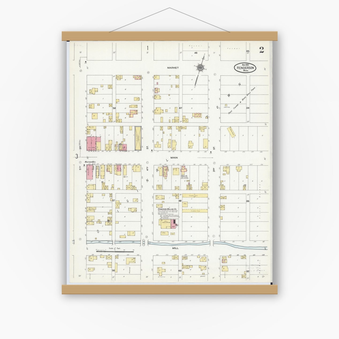 Old map wall art mockup — magnetic wood frame on white wall — Sanborn Fire Insurance Map from Henderson, Sibley County, Minnesota (1910), Sheet #0002