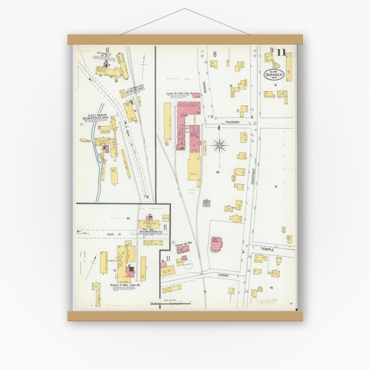 Old map wall art mockup — magnetic wood frame on white wall — Sanborn Fire Insurance Map from Gardner, Worcester County, Massachusetts (1900), Sheet #0011