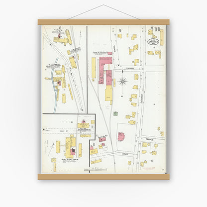Old map wall art mockup — magnetic wood frame on white wall — Sanborn Fire Insurance Map from Gardner, Worcester County, Massachusetts (1900), Sheet #0011