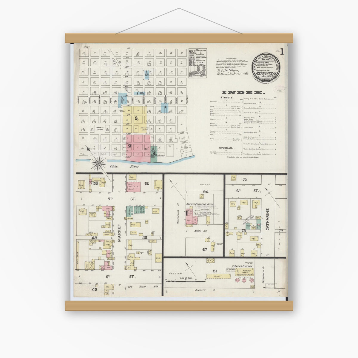 Old map wall art mockup — magnetic wood frame on white wall — Sanborn Fire Insurance Map from Metropolis, Massac County, Illinois (1888) - Complete Map Set