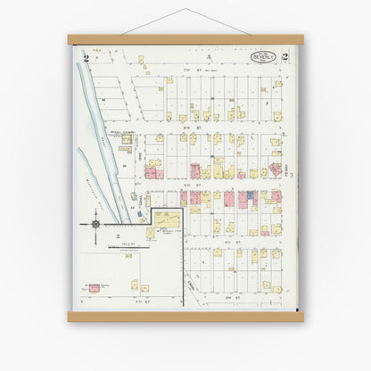 Old map wall art mockup — magnetic wood frame on white wall — Sanborn Fire Insurance Map from Beverly, Washington County, Ohio (1924), Sheet #0002