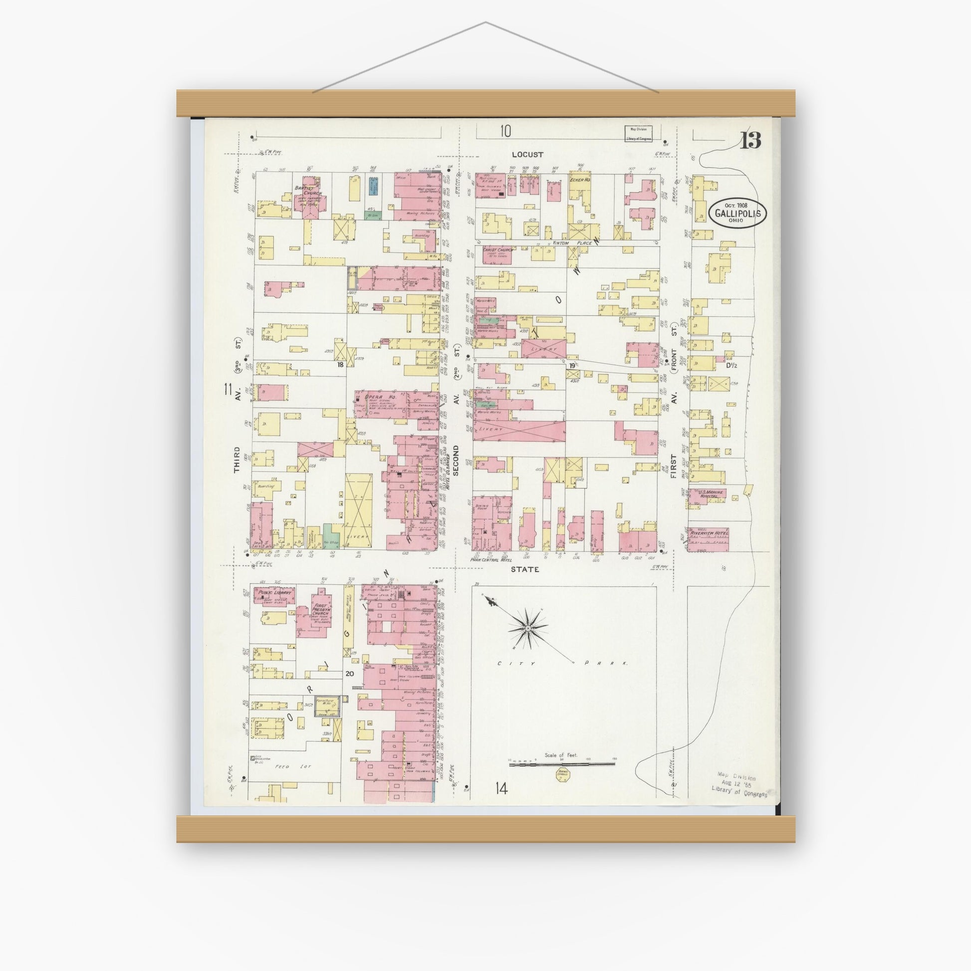 Old map wall art mockup — magnetic wood frame on white wall — Sanborn Fire Insurance Map from Gallipolis, Gallia County, Ohio (1908), Sheet #0013