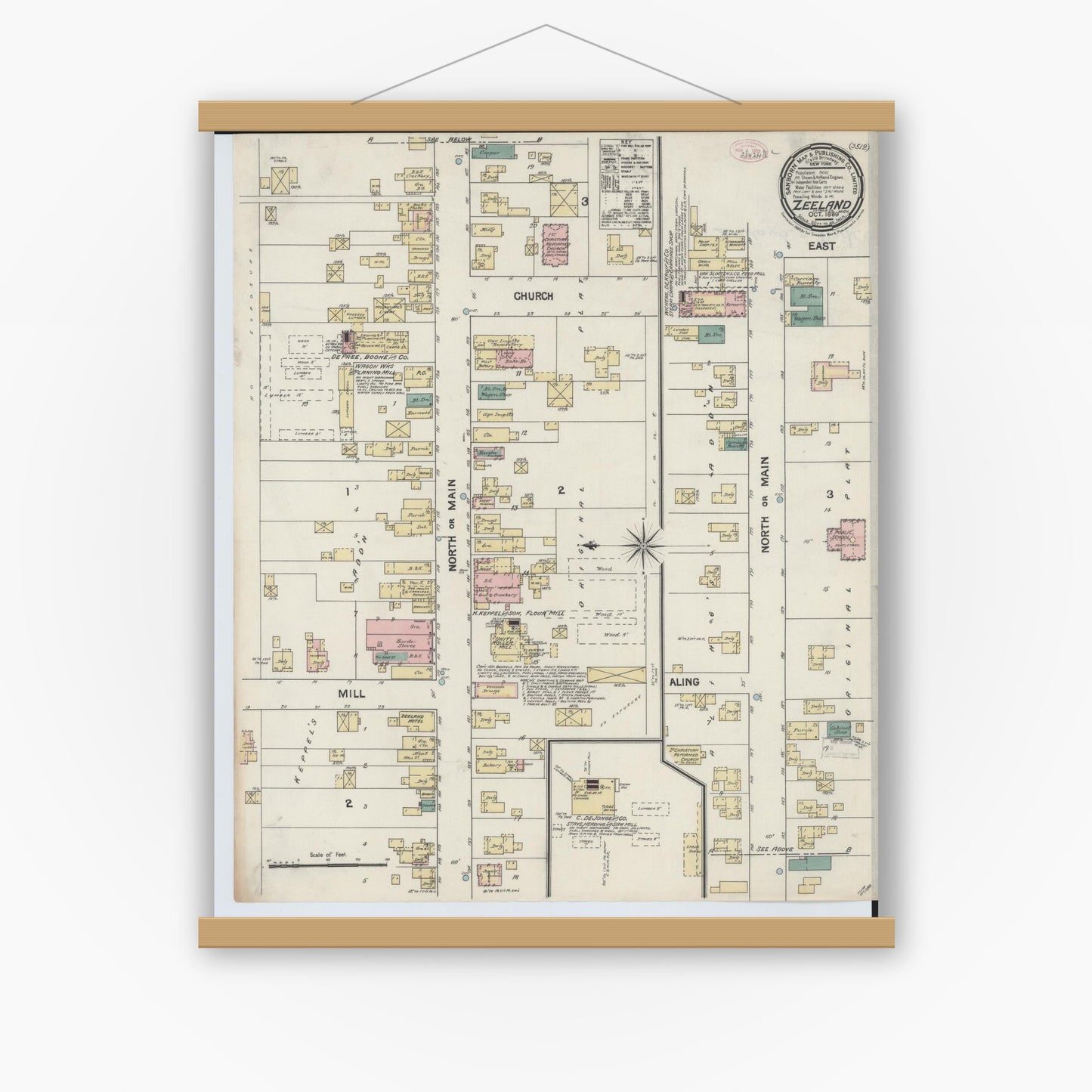 Old map wall art mockup — magnetic wood frame on white wall — Sanborn Fire Insurance Map from Zeeland, Ottawa County, Michigan (1889), Sheet #0001