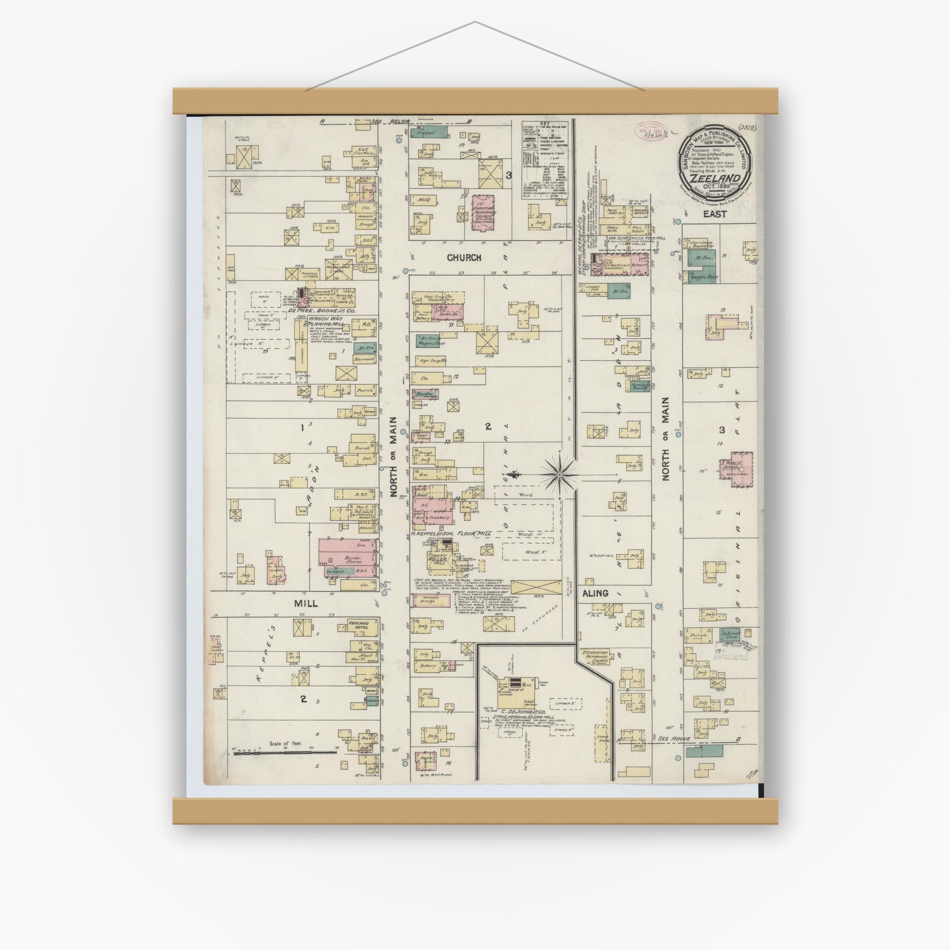 Old map wall art mockup — magnetic wood frame on white wall — Sanborn Fire Insurance Map from Zeeland, Ottawa County, Michigan (1889), Sheet #0001