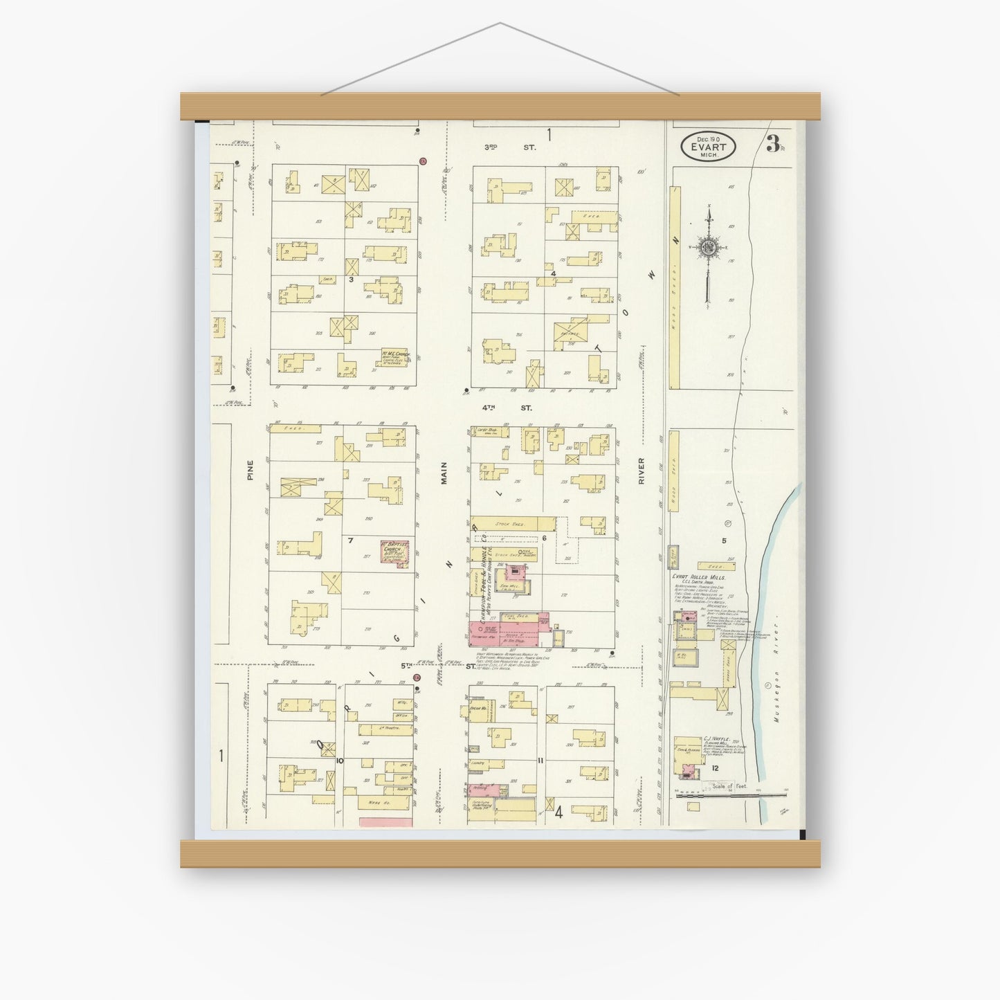 Old map wall art mockup — magnetic wood frame on white wall — Sanborn Fire Insurance Map from Evart, Osceola County, Michigan (1910), Sheet #0003