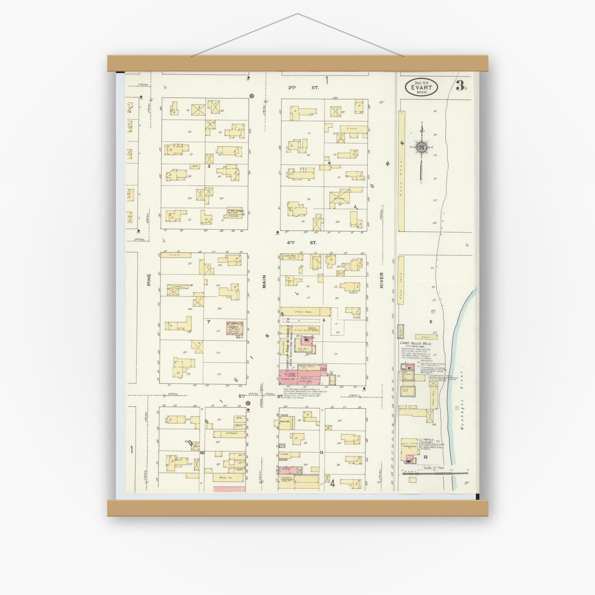 Old map wall art mockup — magnetic wood frame on white wall — Sanborn Fire Insurance Map from Evart, Osceola County, Michigan (1910), Sheet #0003