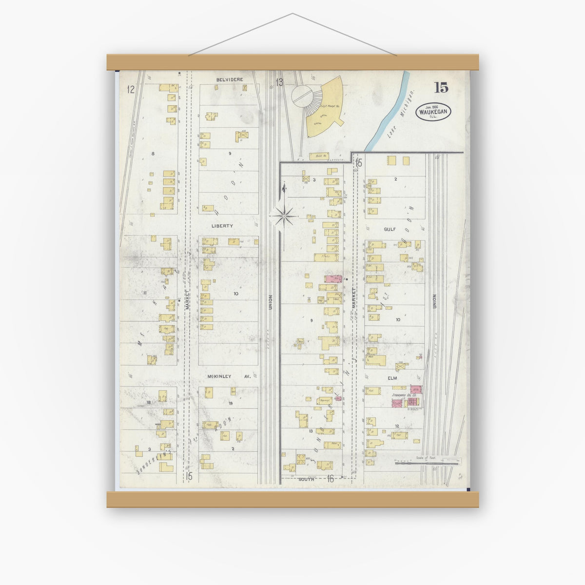 Old map wall art mockup — magnetic wood frame on white wall — Sanborn Fire Insurance Map from Waukegan, Lake County, Illinois (1906), Sheet #0015