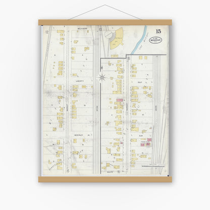 Old map wall art mockup — magnetic wood frame on white wall — Sanborn Fire Insurance Map from Waukegan, Lake County, Illinois (1906), Sheet #0015