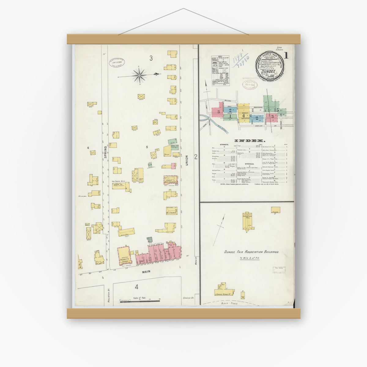 Old map wall art mockup — magnetic wood frame on white wall — Sanborn Fire Insurance Map from Dundee, Yates County, New York (1898), Sheet #0001