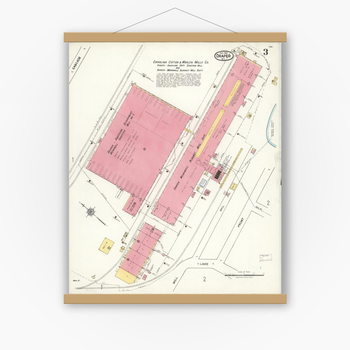 Old map wall art mockup — magnetic wood frame on white wall — Sanborn Fire Insurance Map from Draper, Rockingham County, North Carolina (1921), Sheet #0003