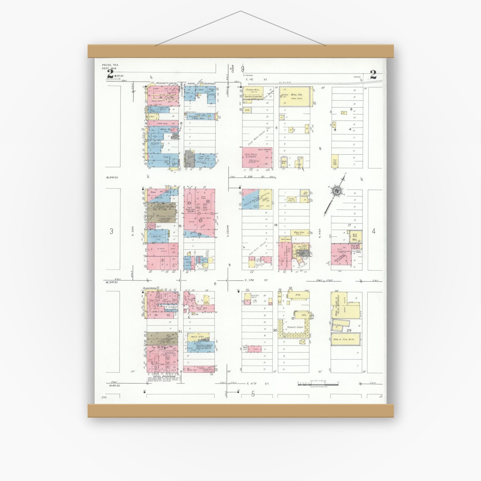 Old map wall art mockup — magnetic wood frame on white wall — Sanborn Fire Insurance Map from Pecos, Reeves County, Texas (1939), Sheet #0002