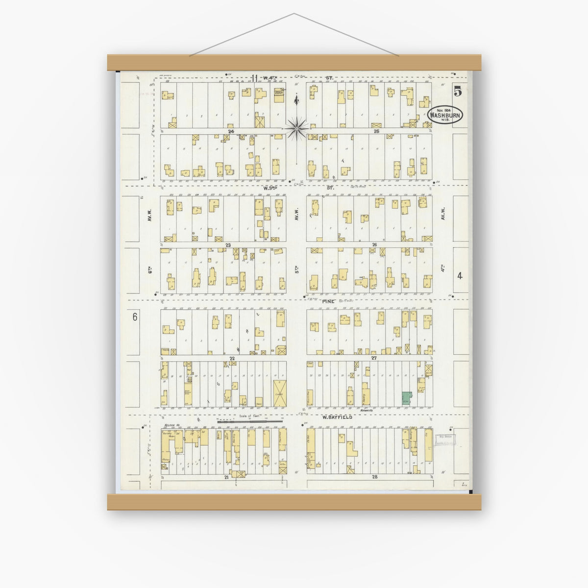Old map wall art mockup — magnetic wood frame on white wall — Sanborn Fire Insurance Map from Washburn, Bayfield County, Wisconsin (1904), Sheet #0005