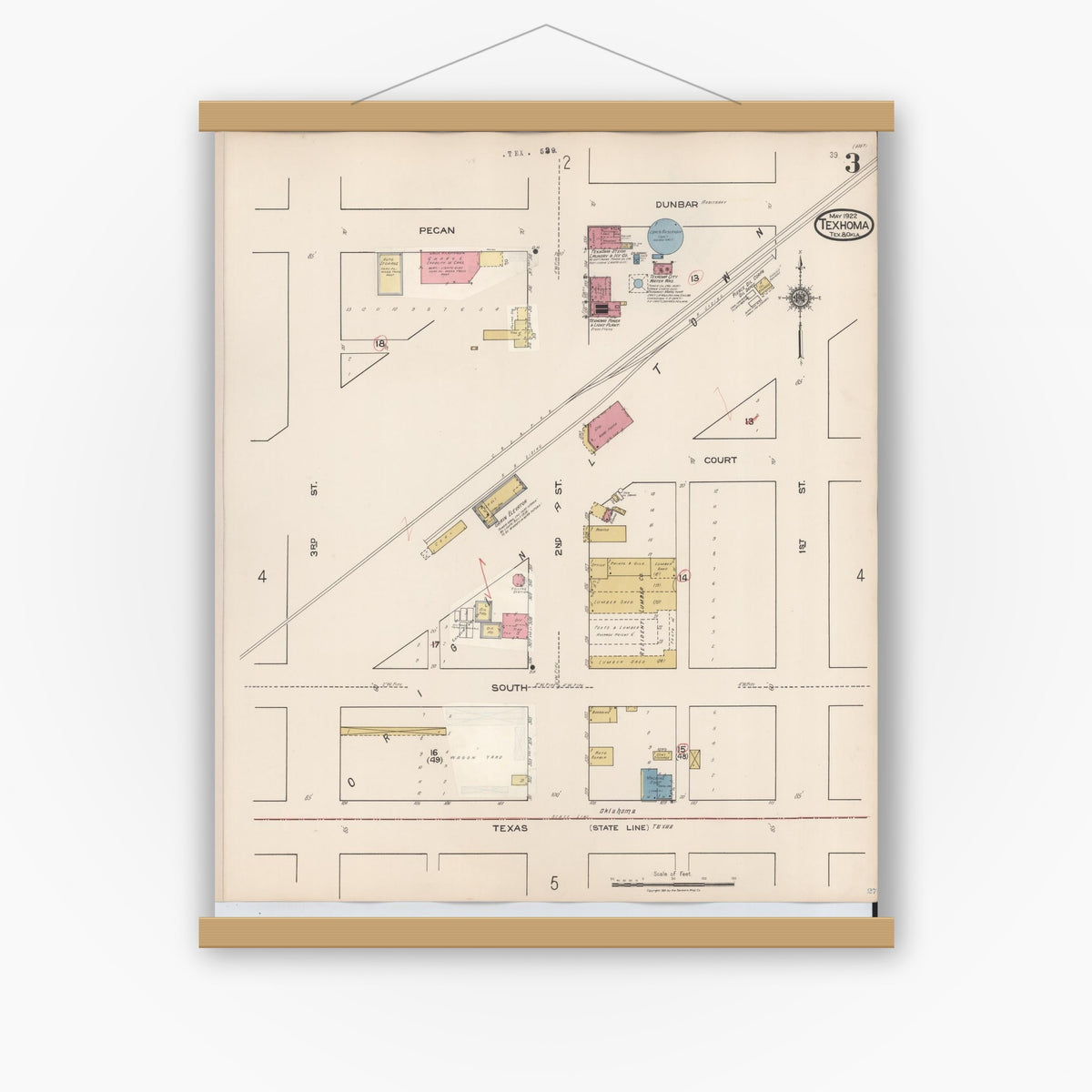 Old map wall art mockup — magnetic wood frame on white wall — Sanborn Fire Insurance Map from Texhoma, Texas County, Oklahoma and Sherman County, Texas, Texas (1930), Sheet #0003