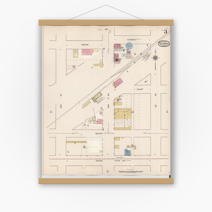Old map wall art mockup — magnetic wood frame on white wall — Sanborn Fire Insurance Map from Texhoma, Texas County, Oklahoma and Sherman County, Texas, Texas (1930), Sheet #0003