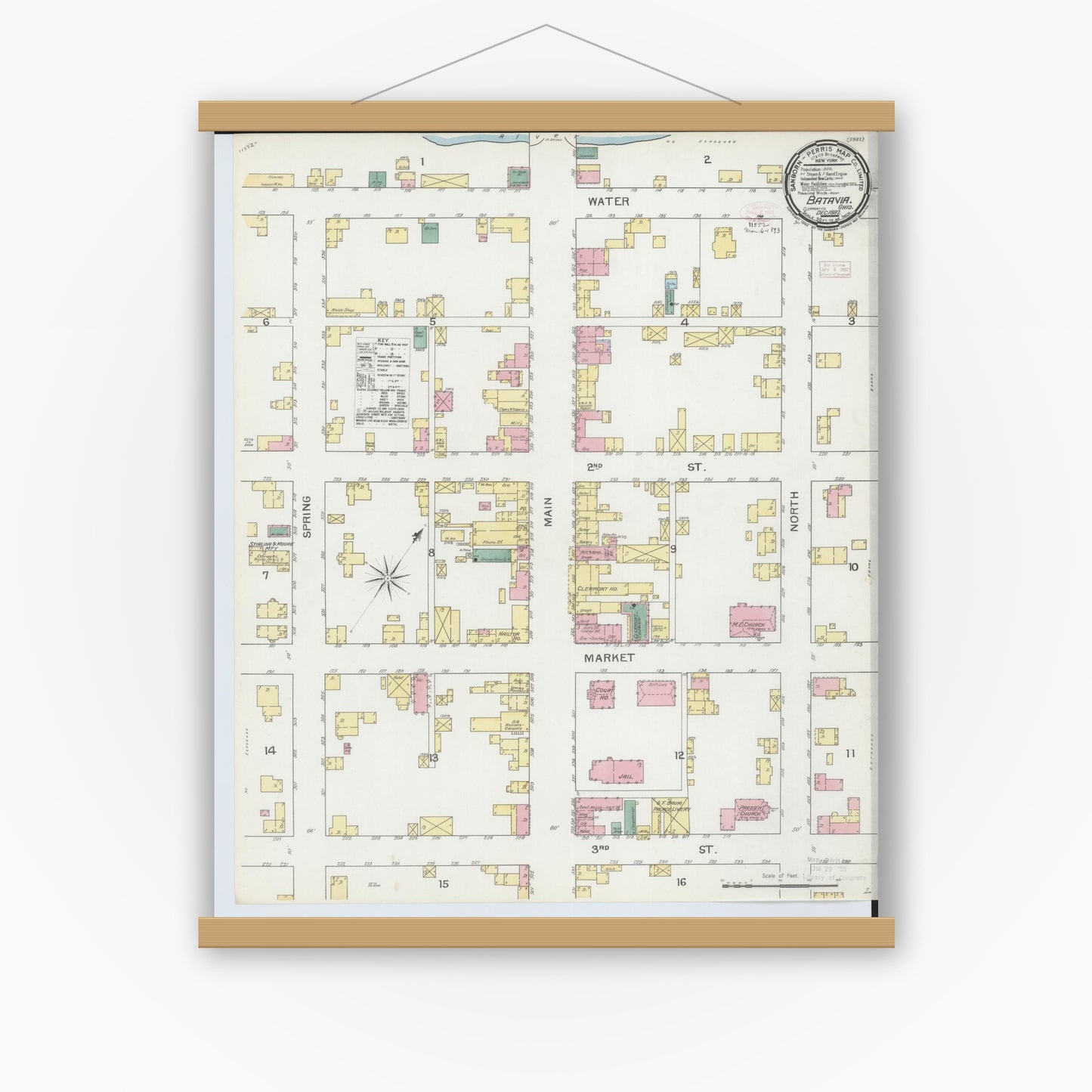 Old map wall art mockup — magnetic wood frame on white wall — Sanborn Fire Insurance Map from Batavia, Clermont County, Ohio (1892), Sheet #0001