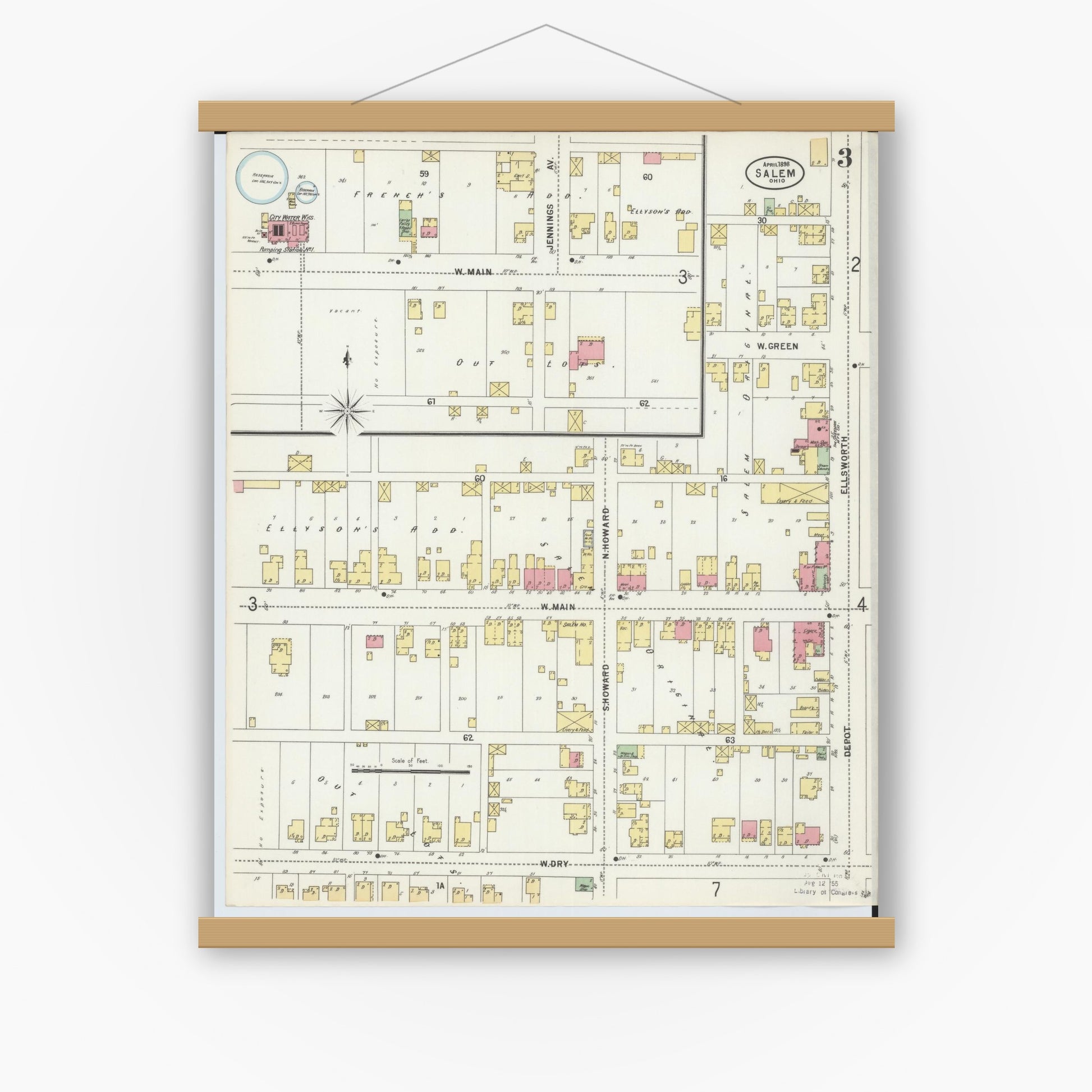 Old map wall art mockup — magnetic wood frame on white wall — Sanborn Fire Insurance Map from Salem, Columbiana County, Ohio (1898), Sheet #0003