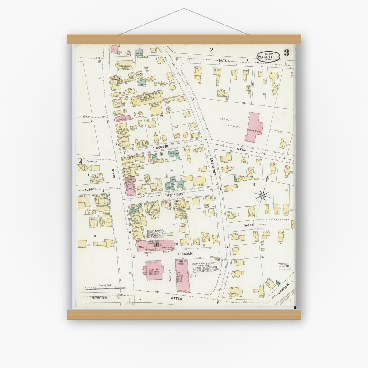 Old map wall art mockup — magnetic wood frame on white wall — Sanborn Fire Insurance Map from Wakefield, Middlesex County, Massachusetts (1897), Sheet #0003