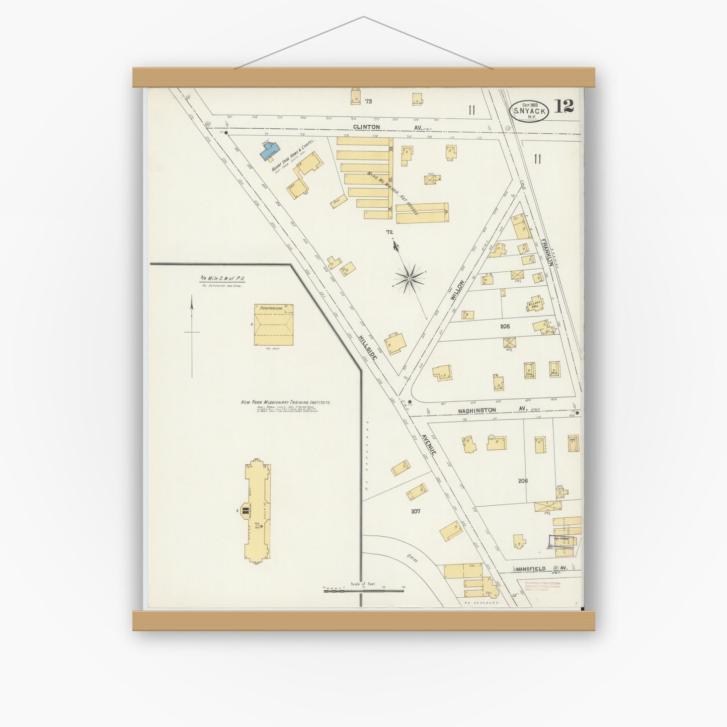 Old map wall art mockup — magnetic wood frame on white wall — Sanborn Fire Insurance Map from Nyack, Rockland County, New York. (1903), Sheet #0012