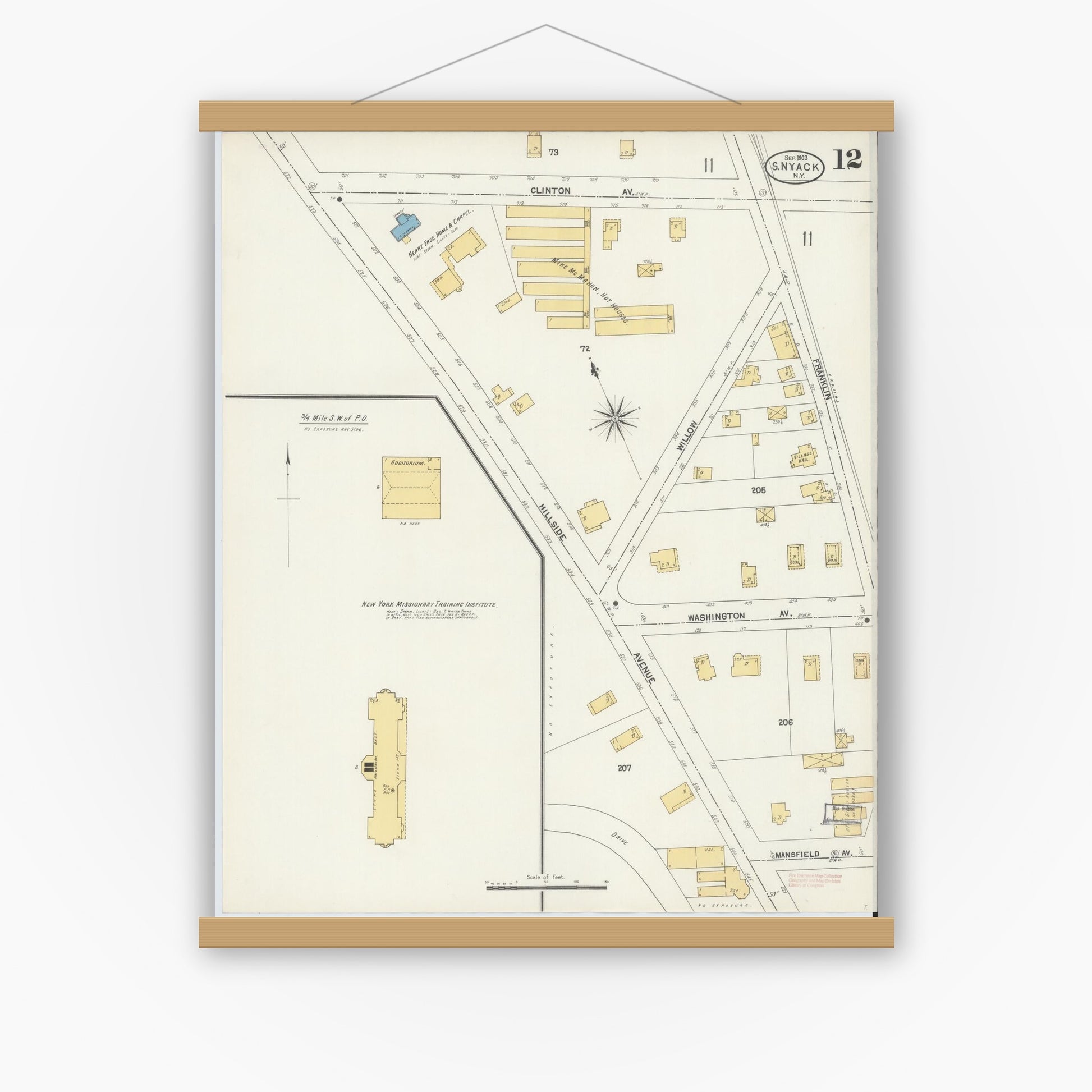 Old map wall art mockup — magnetic wood frame on white wall — Sanborn Fire Insurance Map from Nyack, Rockland County, New York. (1903), Sheet #0012