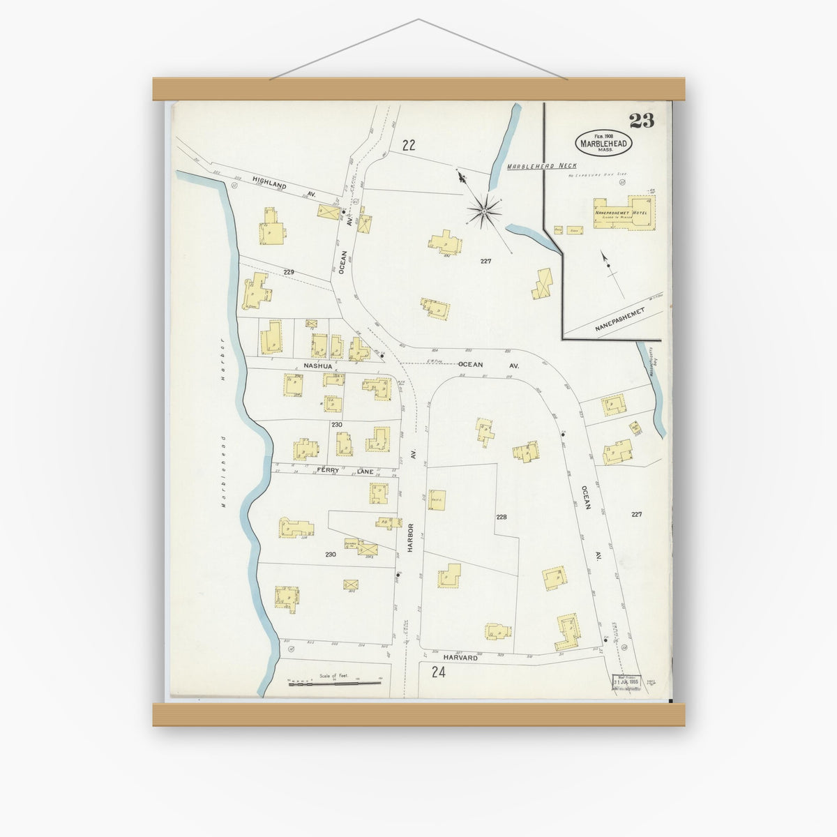 Old map wall art mockup — magnetic wood frame on white wall — Sanborn Fire Insurance Map from Marblehead, Essex County, Massachusetts (1908), Sheet #0023