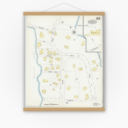 Old map wall art mockup — magnetic wood frame on white wall — Sanborn Fire Insurance Map from Marblehead, Essex County, Massachusetts (1908), Sheet #0023