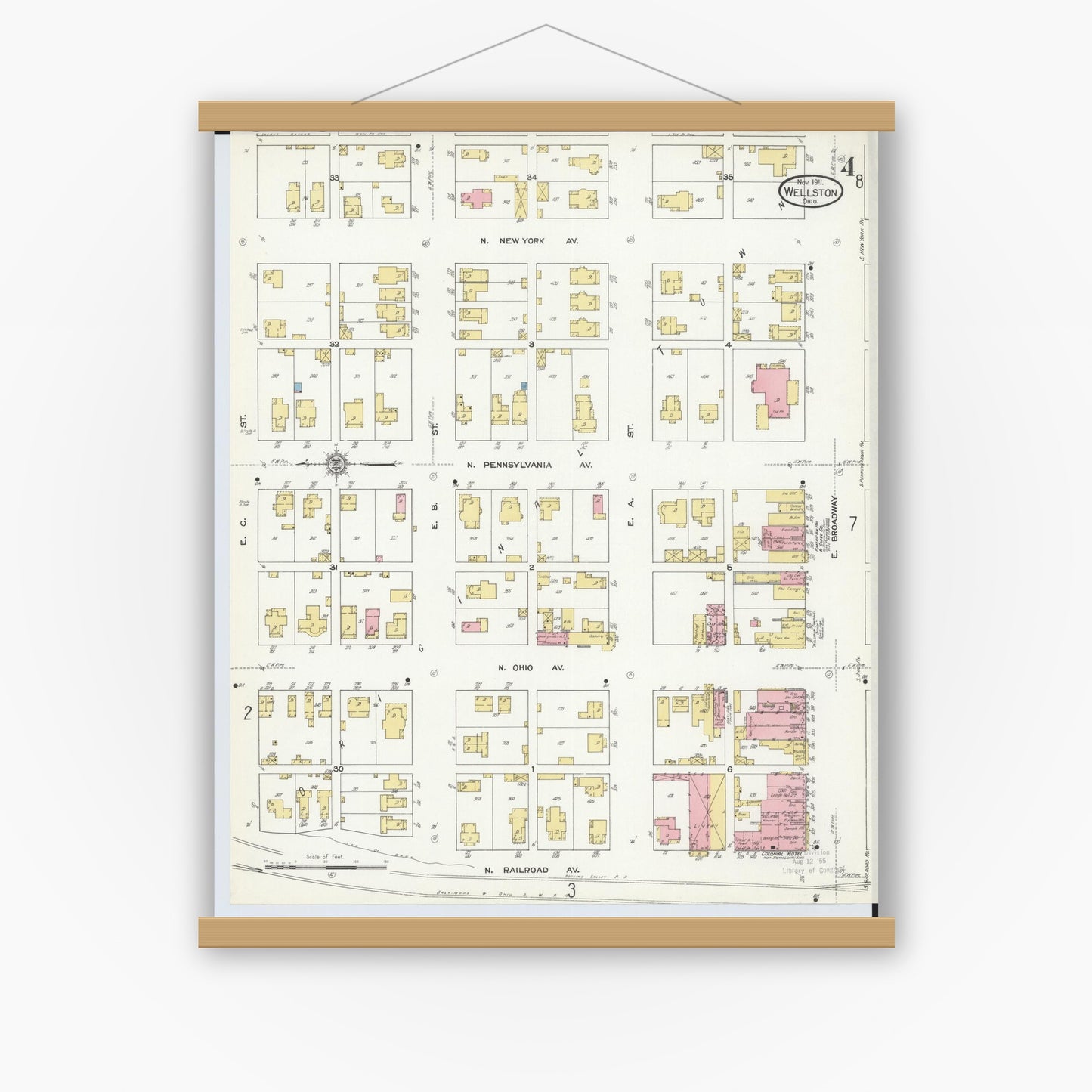 Old map wall art mockup — magnetic wood frame on white wall — Sanborn Fire Insurance Map from Wellston, Jackson County, Ohio (1911), Sheet #0004