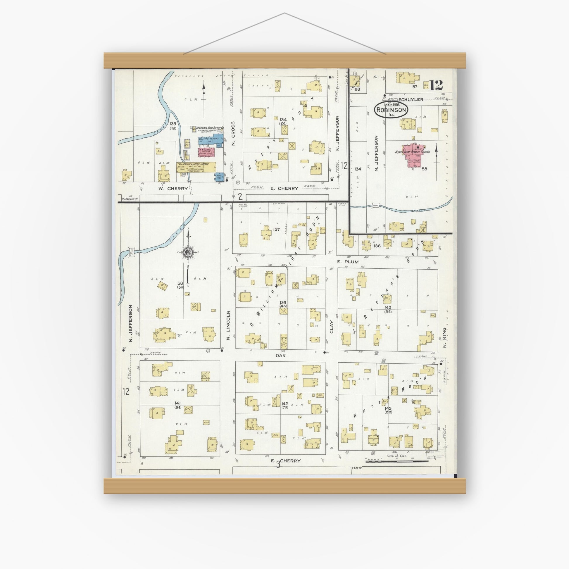 Old map wall art mockup — magnetic wood frame on white wall — Sanborn Fire Insurance Map from Robinson, Crawford County, Illinois (1916), Sheet #0012