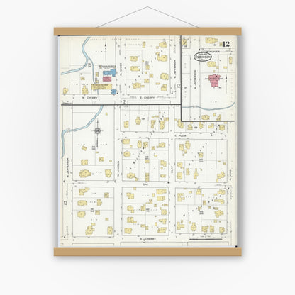 Old map wall art mockup — magnetic wood frame on white wall — Sanborn Fire Insurance Map from Robinson, Crawford County, Illinois (1916), Sheet #0012