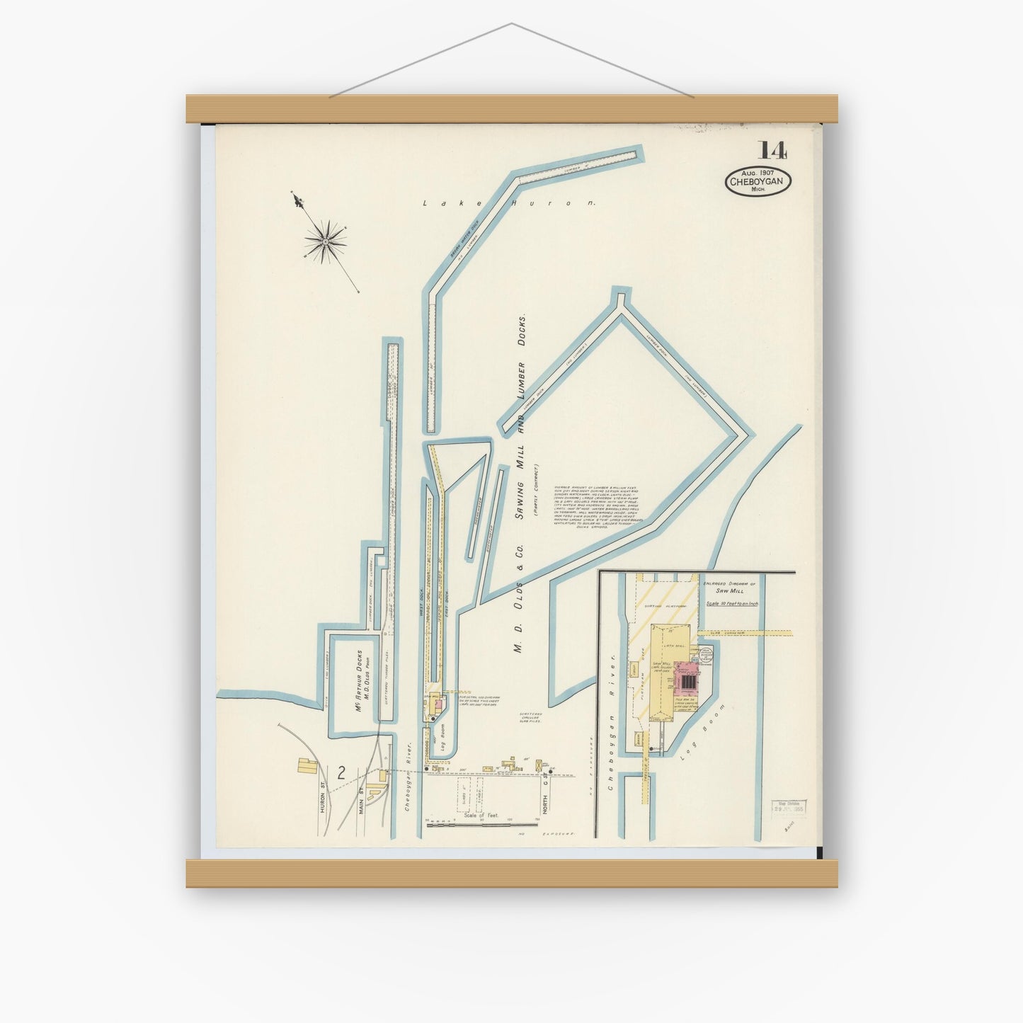 Old map wall art mockup — magnetic wood frame on white wall — Sanborn Fire Insurance Map from Cheboygan, Cheboygan County, Michigan (1907), Sheet #0014