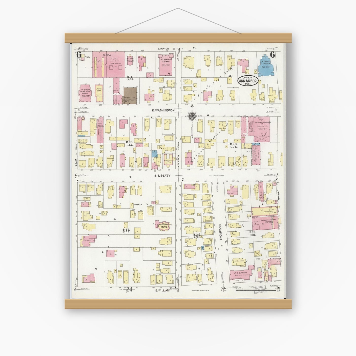 Old map wall art mockup — magnetic wood frame on white wall — Sanborn Fire Insurance Map from Ann Arbor, Washtenaw County, Michigan (1925), Sheet #0006