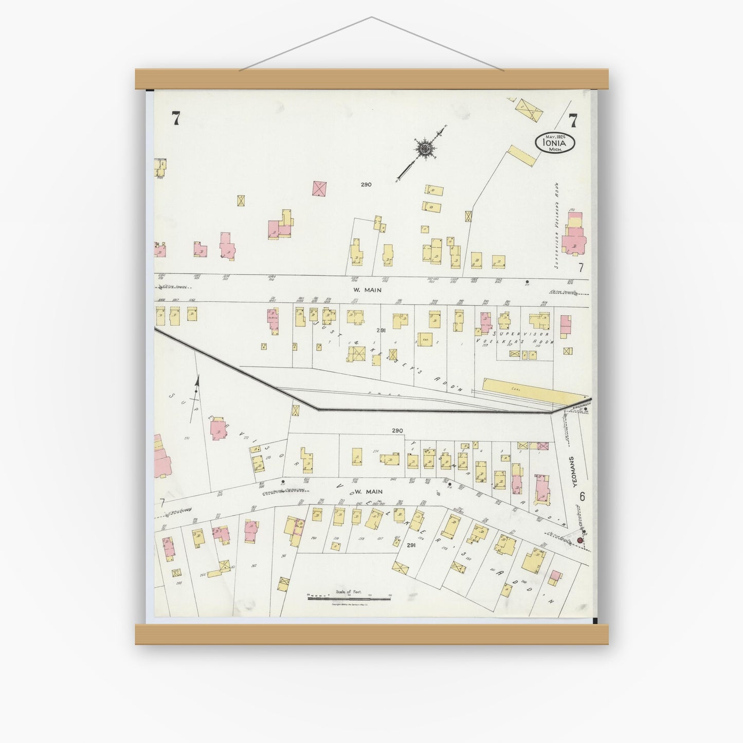 Old map wall art mockup — magnetic wood frame on white wall — Sanborn Fire Insurance Map from Ionia, Ionia County, Michigan (1924), Sheet #0007