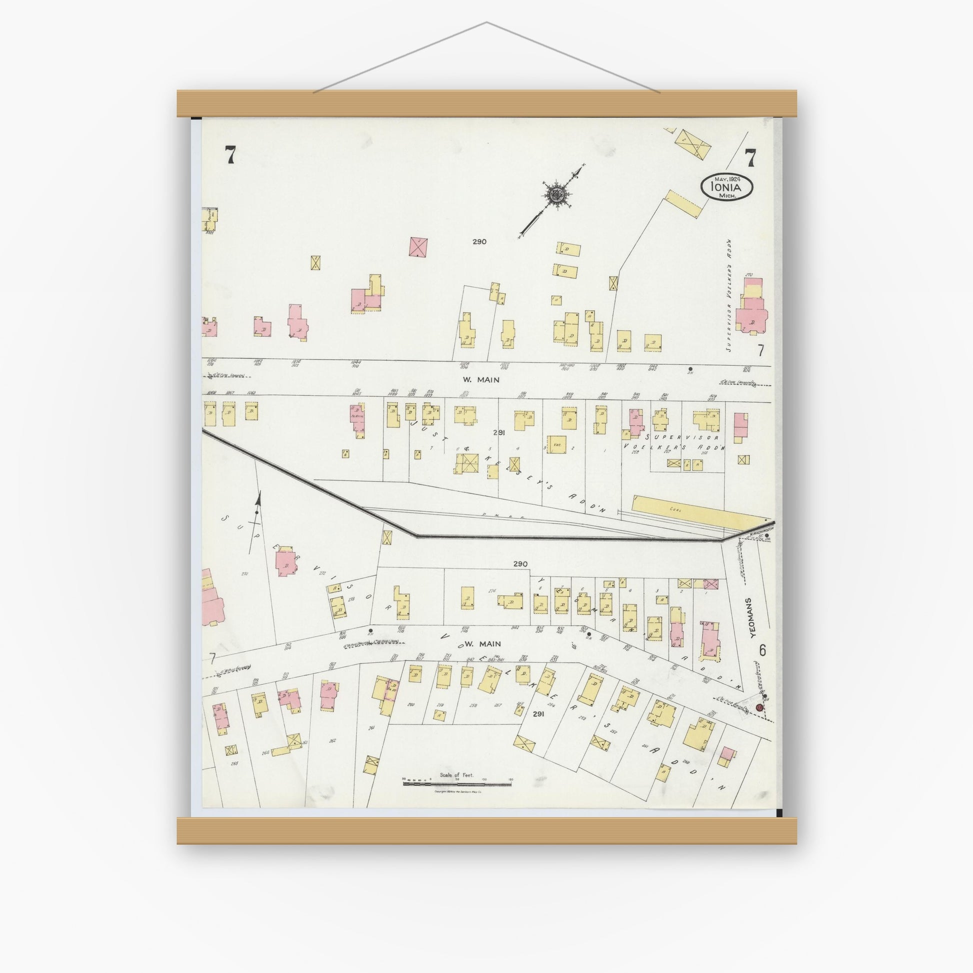 Old map wall art mockup — magnetic wood frame on white wall — Sanborn Fire Insurance Map from Ionia, Ionia County, Michigan (1924), Sheet #0007