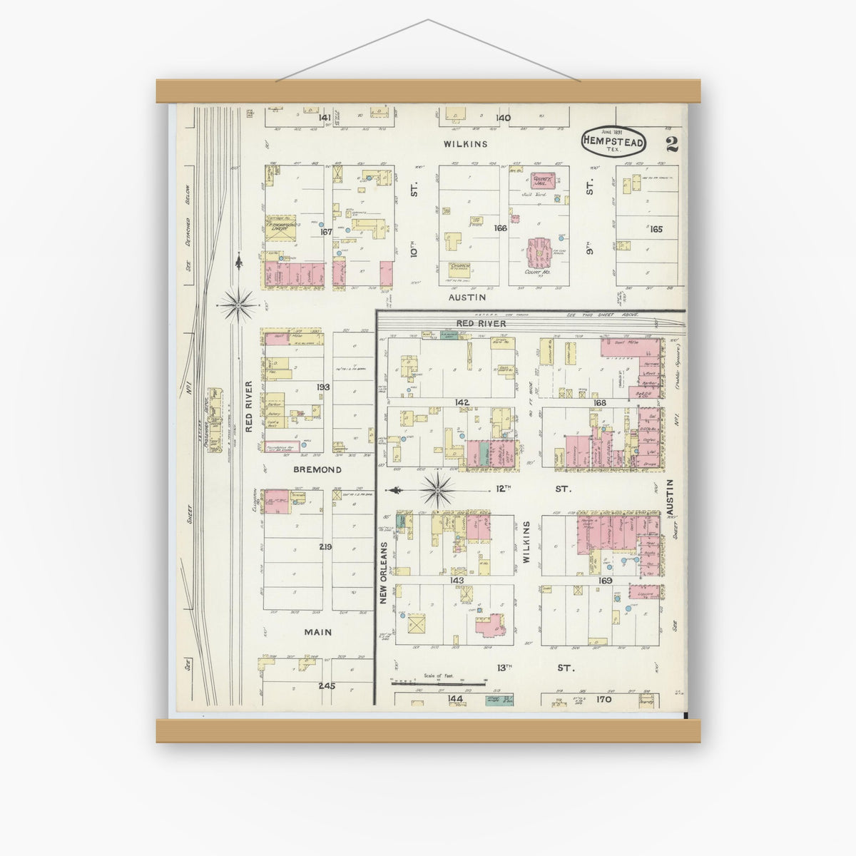 Old map wall art mockup — magnetic wood frame on white wall — Sanborn Fire Insurance Map from Hempstead, Waller County, Texas (1891), Sheet #0002