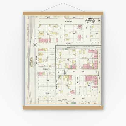 Old map wall art mockup — magnetic wood frame on white wall — Sanborn Fire Insurance Map from Hempstead, Waller County, Texas (1891), Sheet #0002