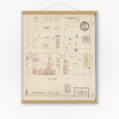 Old map wall art mockup — magnetic wood frame on white wall — Sanborn Fire Insurance Map from Colton, San Bernardino County, California (1885), Sheet #0001