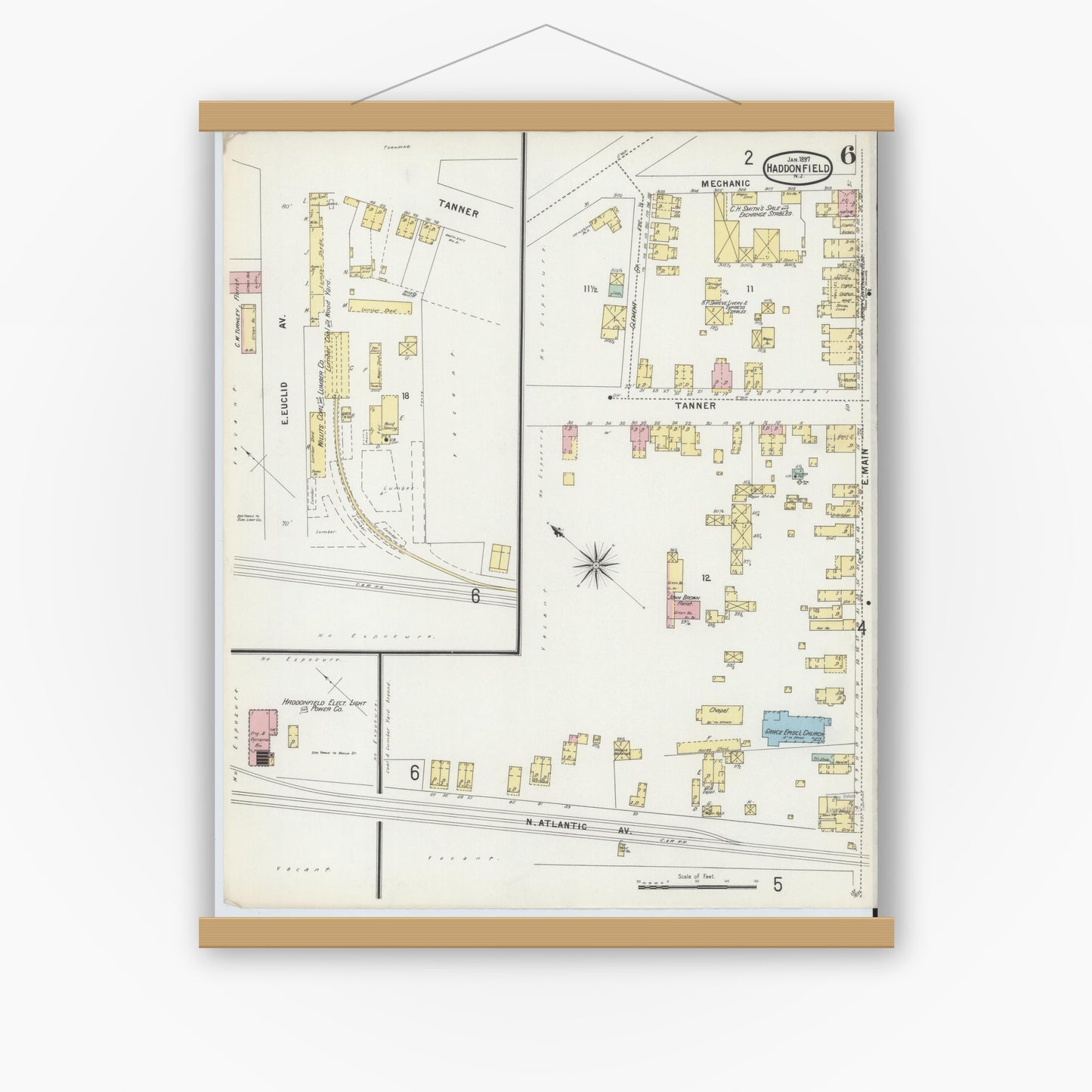 Old map wall art mockup — magnetic wood frame on white wall — Sanborn Fire Insurance Map from Haddonfield, Camden County, New Jersey (1897), Sheet #0006