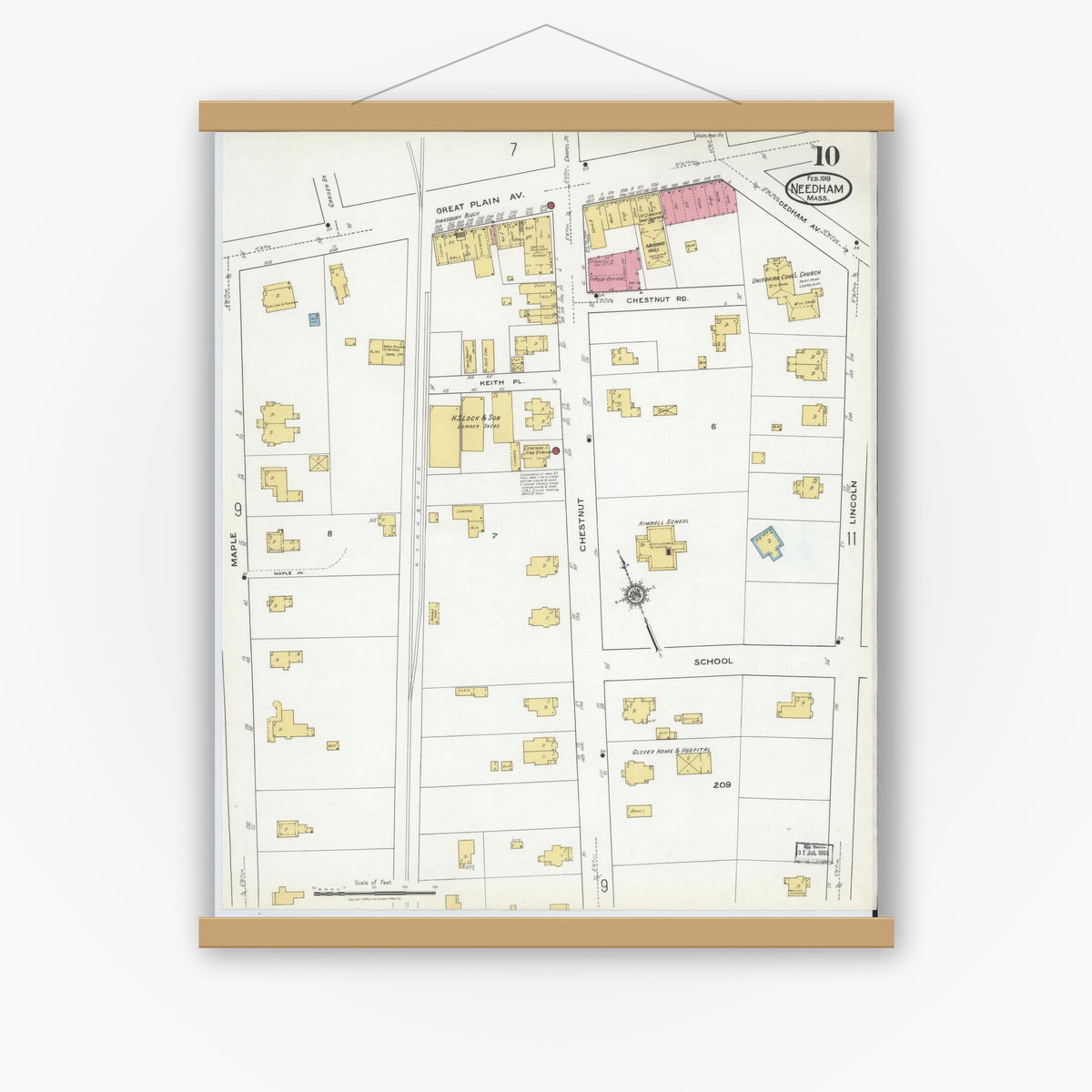 Old map wall art mockup — magnetic wood frame on white wall — Sanborn Fire Insurance Map from Needham, Norfolk County, Massachusetts (1919), Sheet #0010