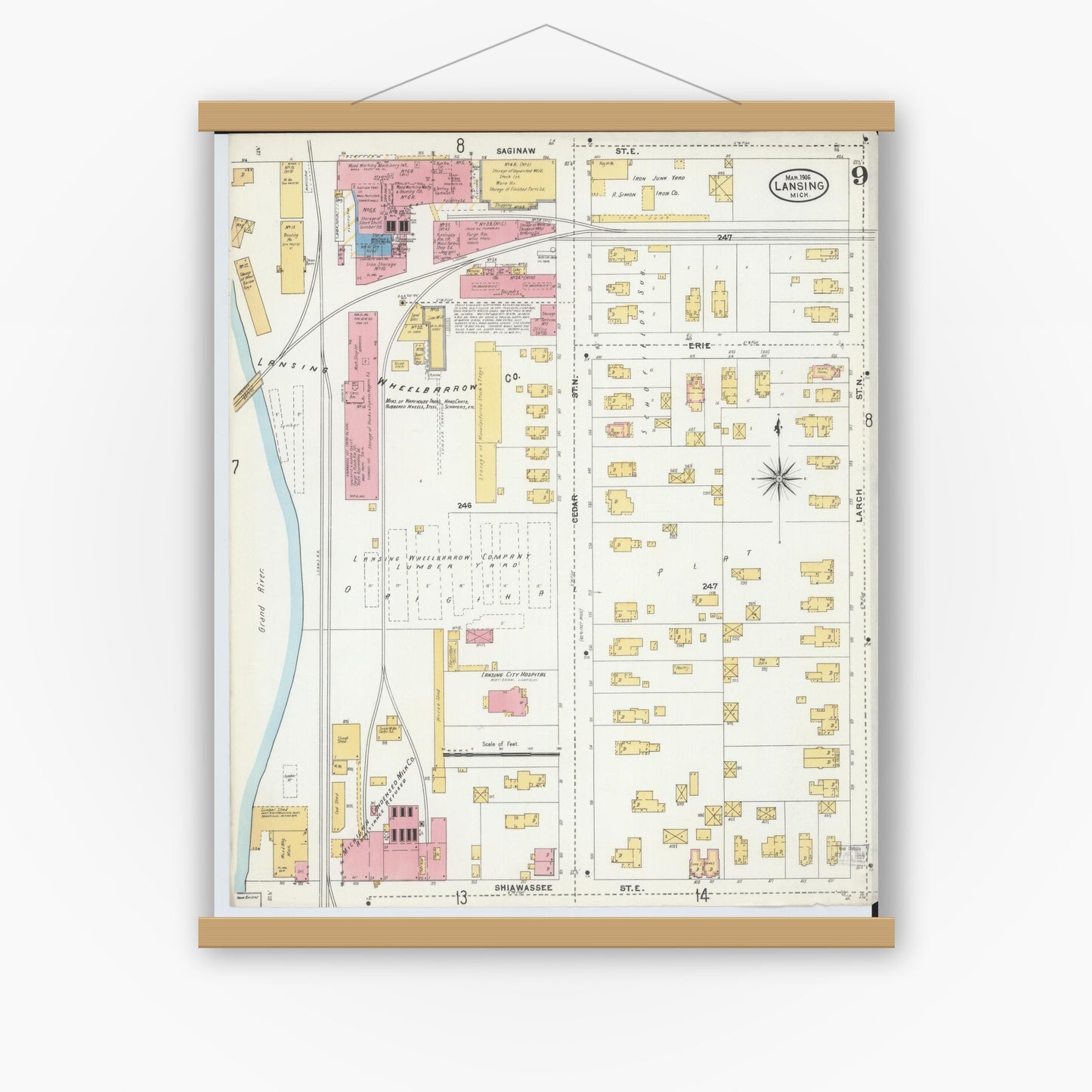 Old map wall art mockup — magnetic wood frame on white wall — Sanborn Fire Insurance Map from Lansing, Ingham County, Michigan (1906), Sheet #0009