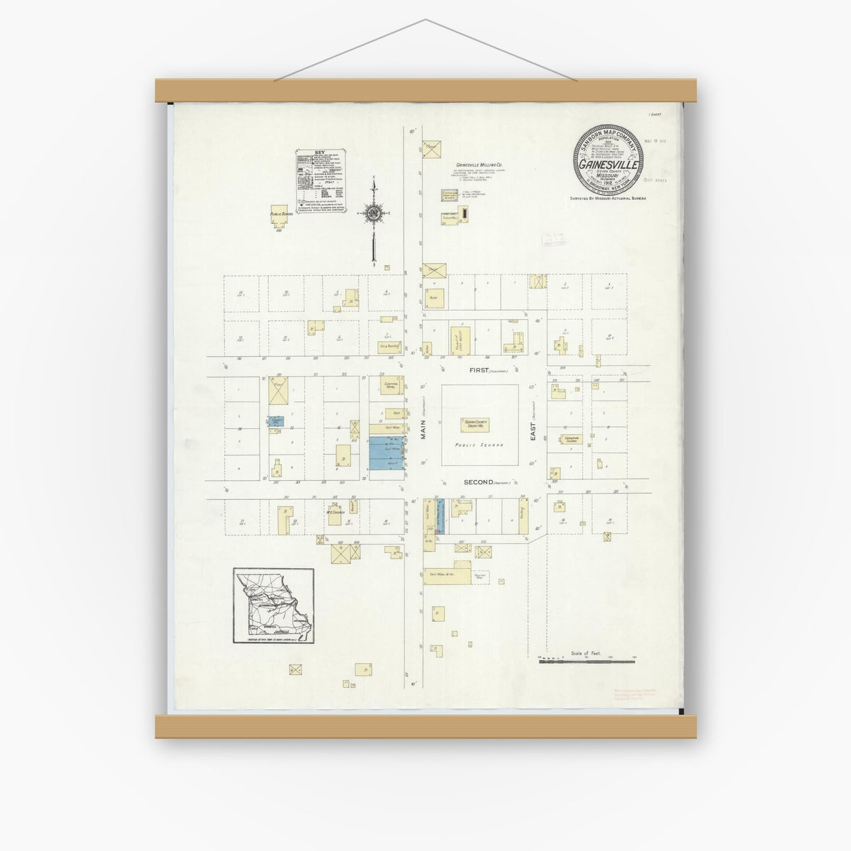 Old map wall art mockup — magnetic wood frame on white wall — Sanborn Fire Insurance Map from Gainesville, Ozark County, Missouri (1912), Sheet #0001