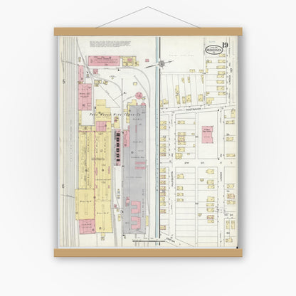 Old map wall art mockup — magnetic wood frame on white wall — Sanborn Fire Insurance Map from Monessen, Westmoreland County, Pennsylvania (1914), Sheet #0019