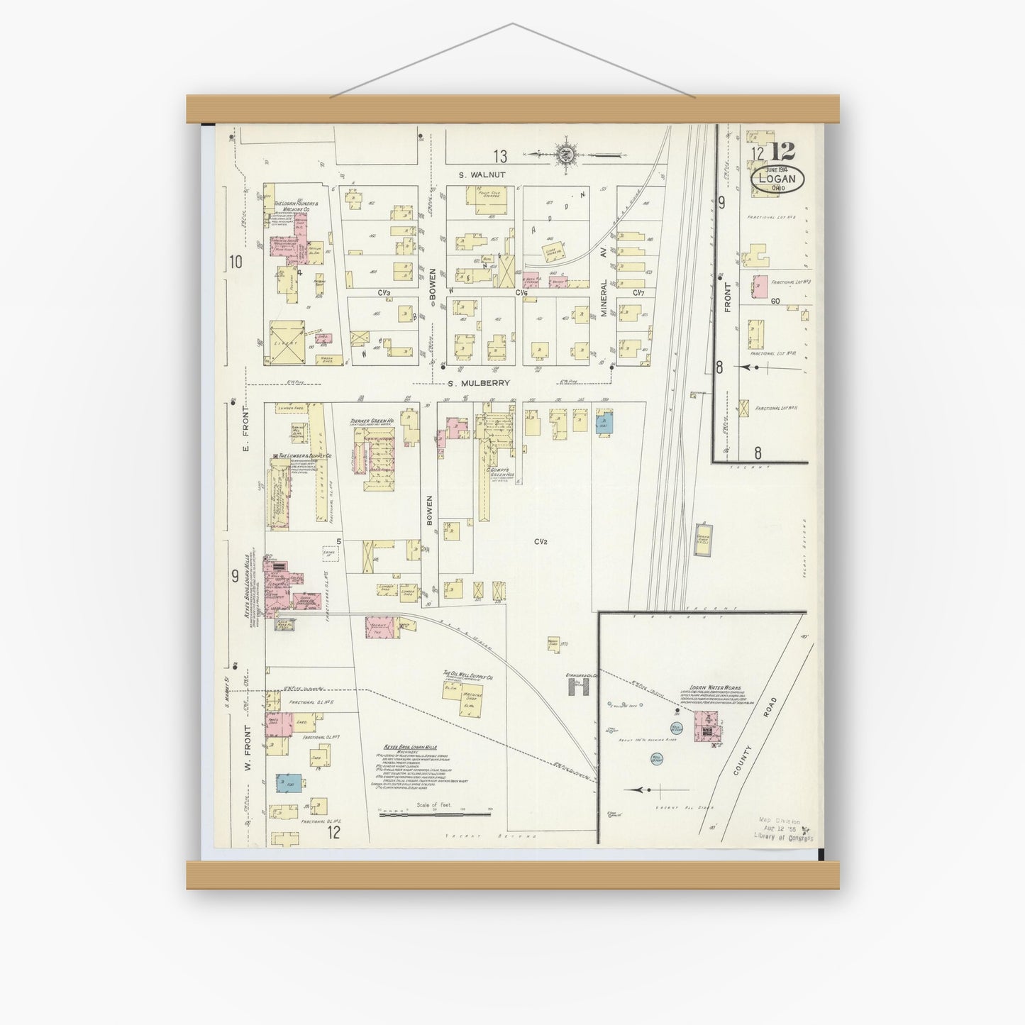 Old map wall art mockup — magnetic wood frame on white wall — Sanborn Fire Insurance Map from Logan, Hocking County, Ohio (1914), Sheet #0012