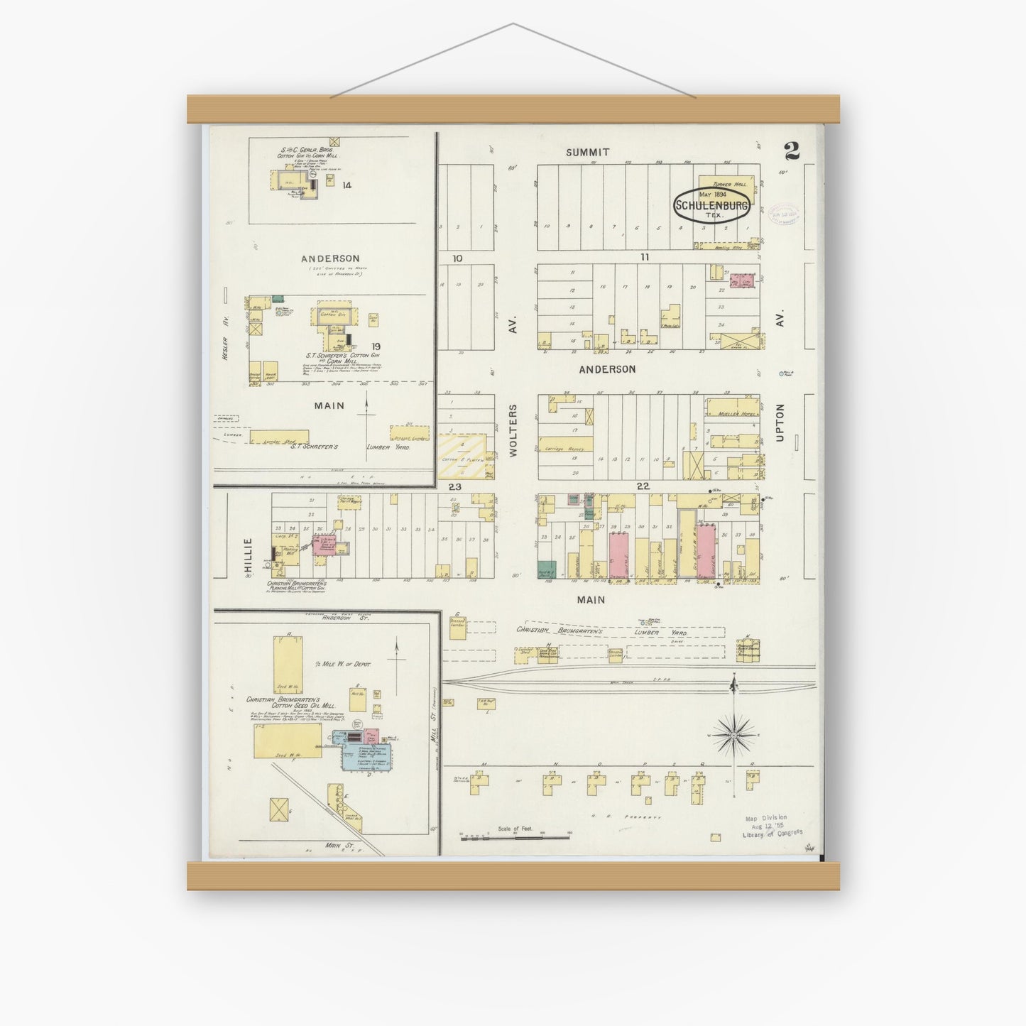 Old map wall art mockup — magnetic wood frame on white wall — Sanborn Fire Insurance Map from Schulenburg, Fayette County, Texas (1894), Sheet #0002