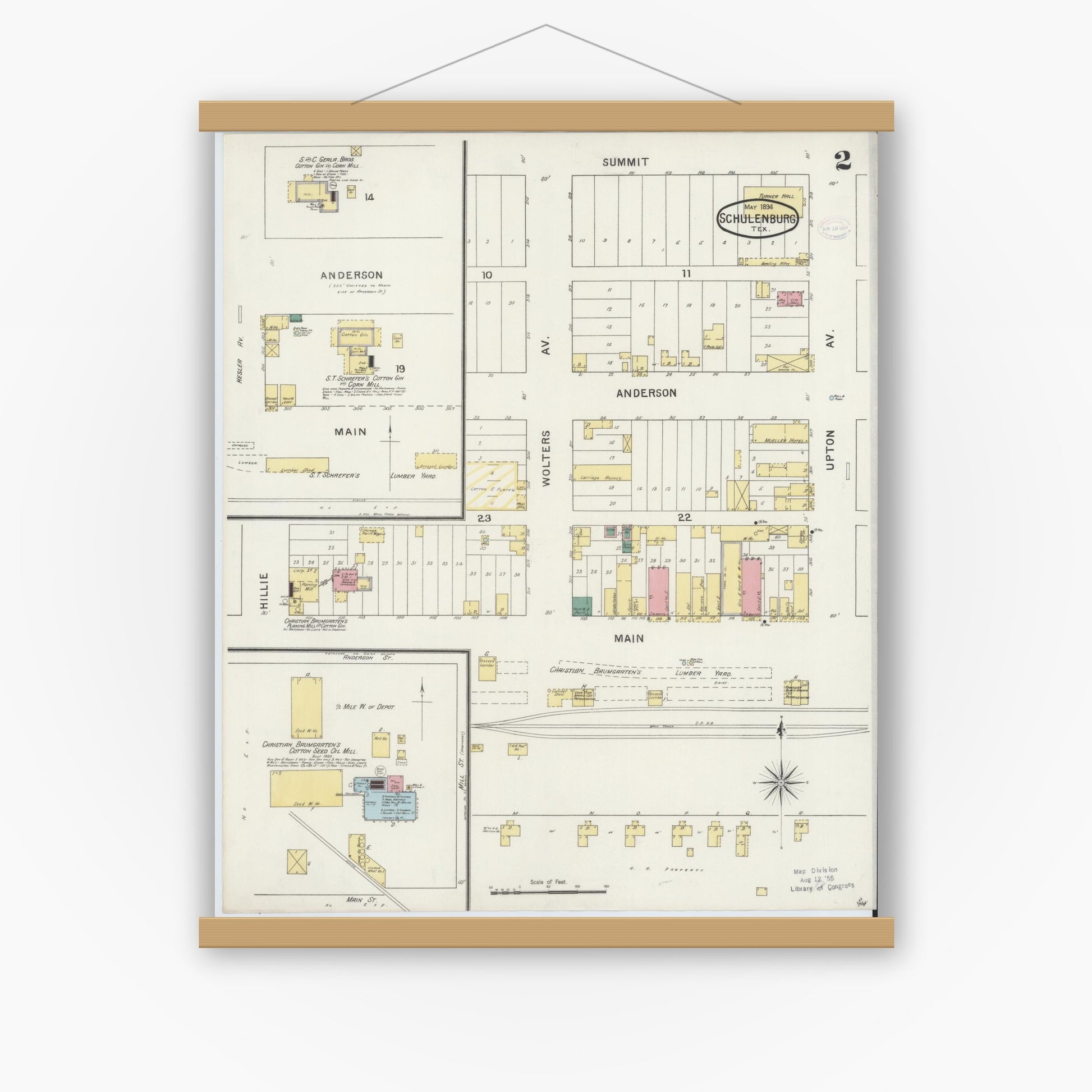 Old map wall art mockup — magnetic wood frame on white wall — Sanborn Fire Insurance Map from Schulenburg, Fayette County, Texas (1894), Sheet #0002
