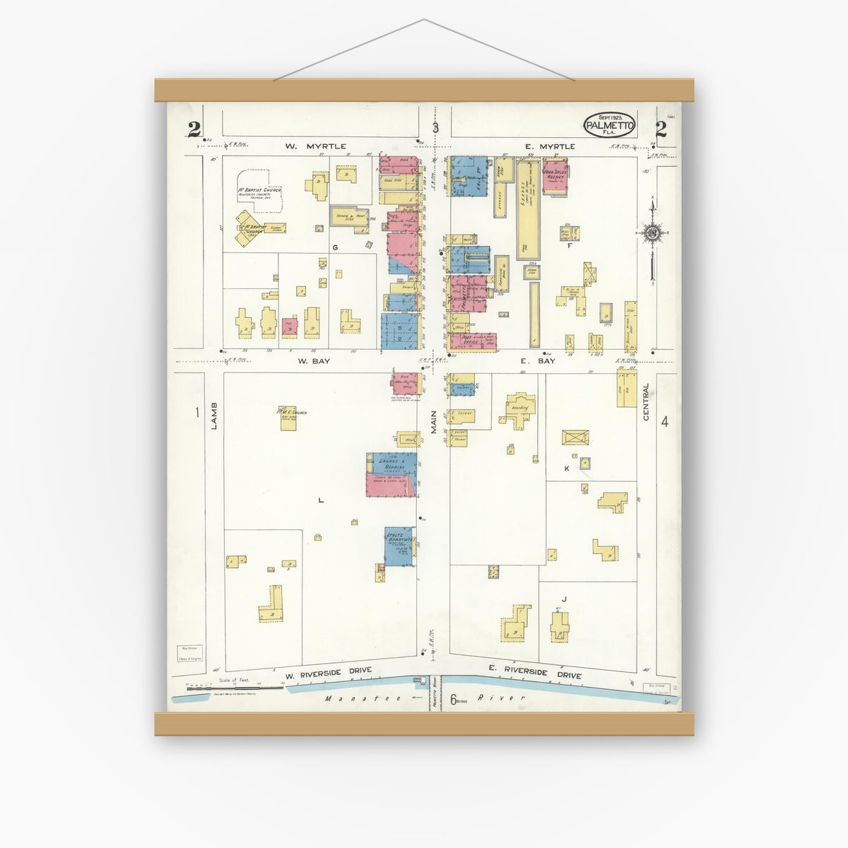 Old map wall art mockup — magnetic wood frame on white wall — Sanborn Fire Insurance Map from Palmetto, Manatee County, Florida (1923), Sheet #0002