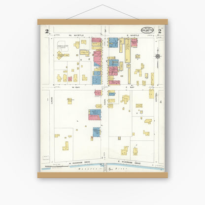 Old map wall art mockup — magnetic wood frame on white wall — Sanborn Fire Insurance Map from Palmetto, Manatee County, Florida (1923), Sheet #0002