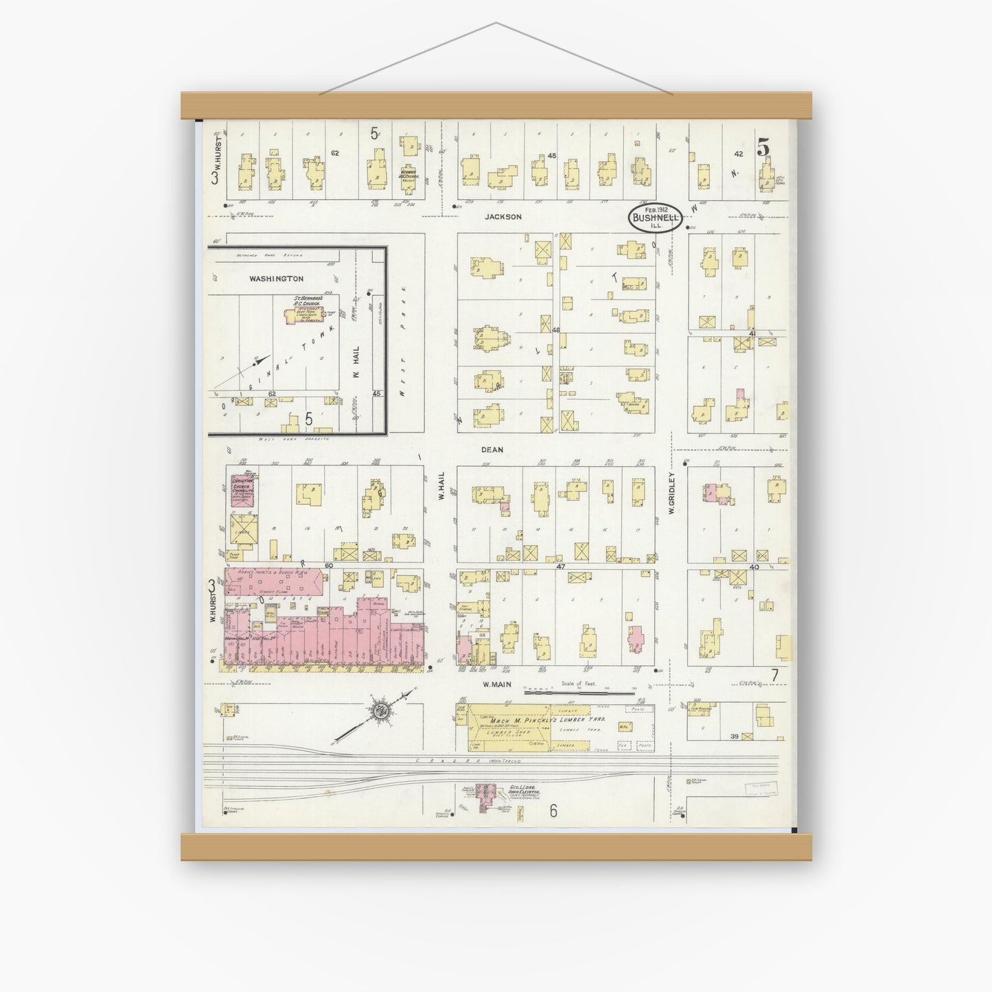 Old map wall art mockup — magnetic wood frame on white wall — Sanborn Fire Insurance Map from Bushnell, Mcdonough County, Illinois (1912), Sheet #0005