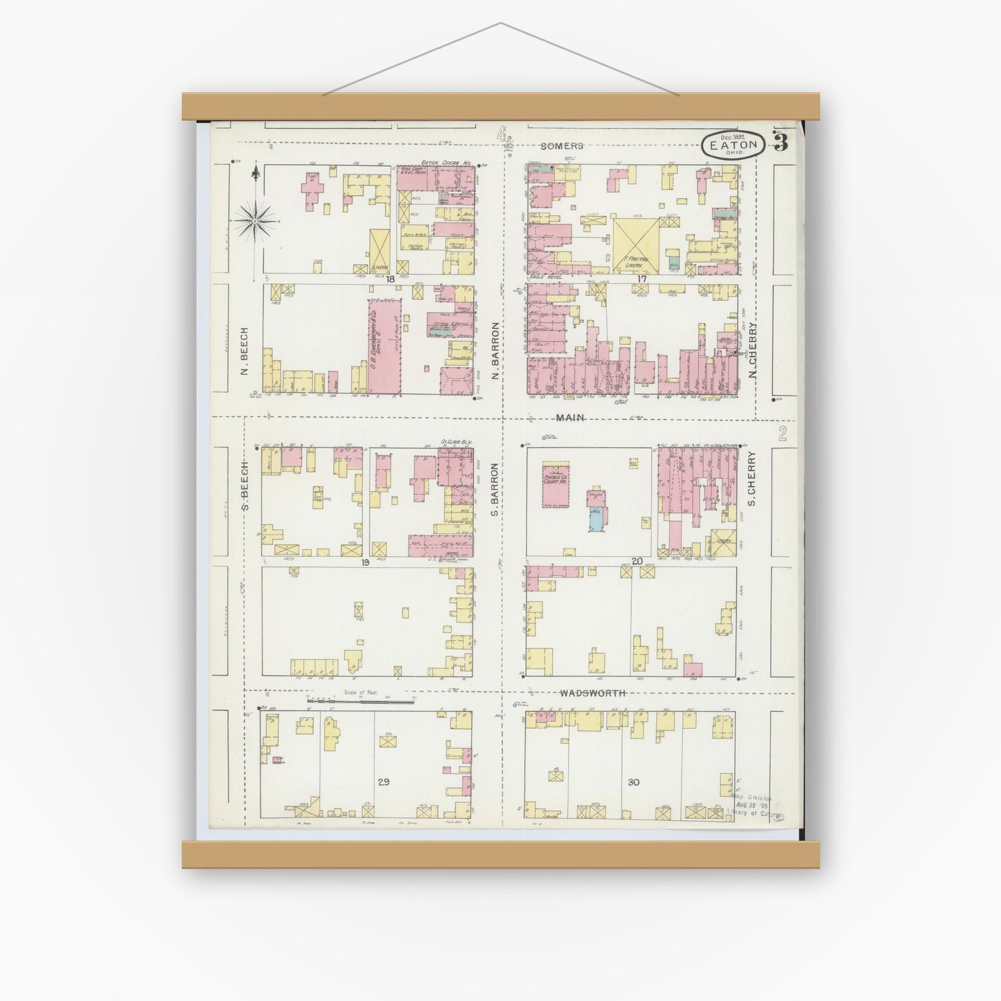 Old map wall art mockup — magnetic wood frame on white wall — Sanborn Fire Insurance Map from Eaton, Preble County, Ohio (1892), Sheet #0003